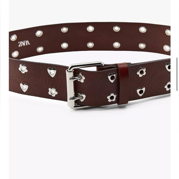 Zara LEATHER HEARTS AND FLOWERS BELT‎ Dark Brown Belt with Silver Details main image 13